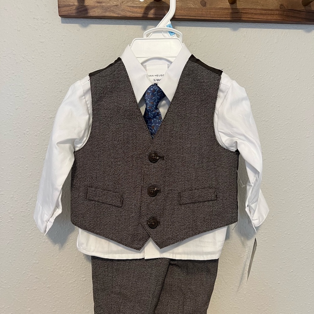Baby Tuxedo Gray Vest Suit with White Shirt and Blue Tie NWT
